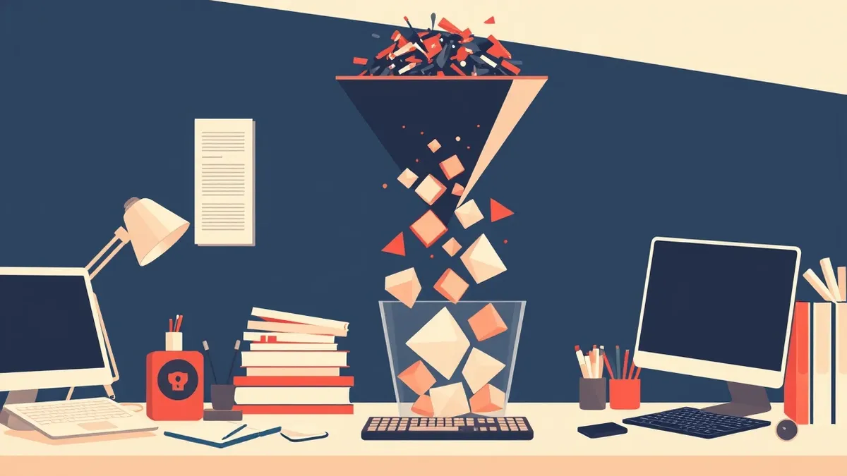 Illustration: A cluttered desk sits beneath a sleek filter funnel.