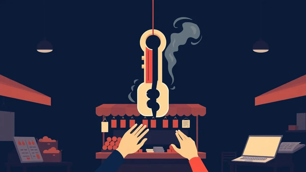 Illustration: A single digital key floats above a dark, shadowy marketplace stall.