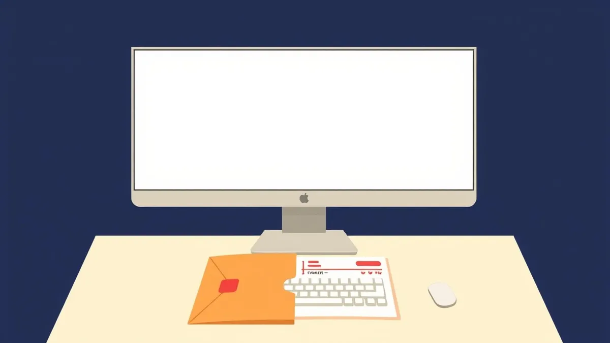 Illustration: A pristine office desk holds a single computer keyboard and a sleek desktop monitor displaying blank white fields.