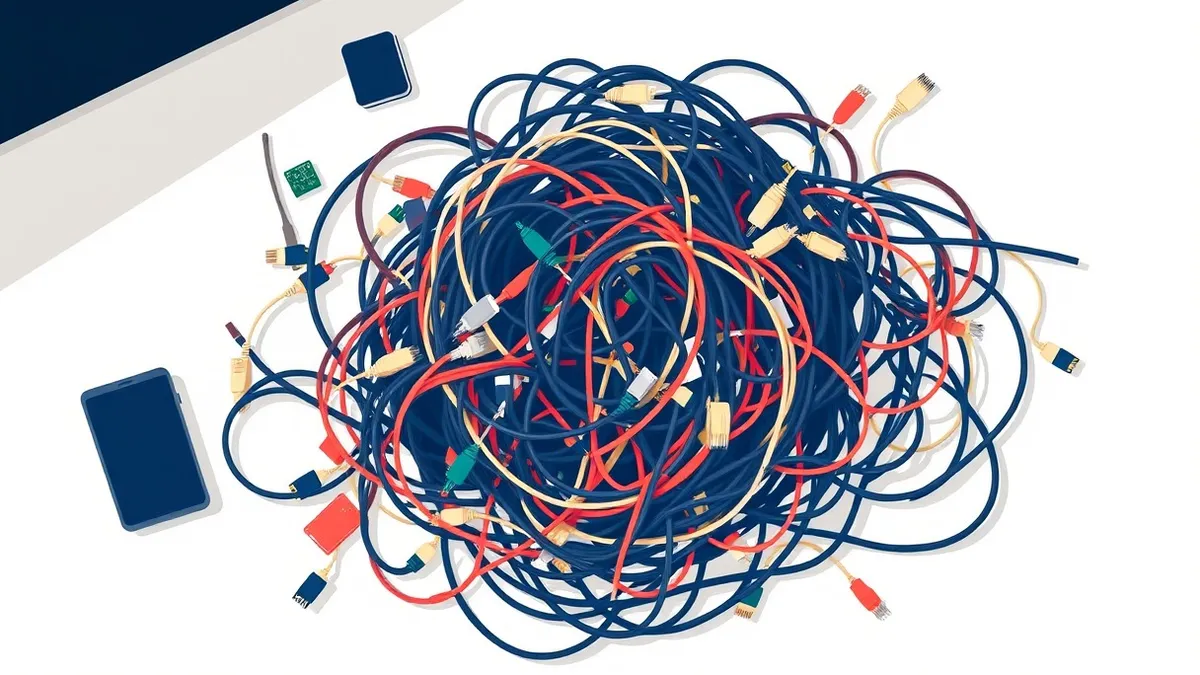 Illustration: A chaotic pile of tangled ethernet cables and loose circuit boards spills across a white desk, forming a dense, messy knot that obscures the surface beneath.