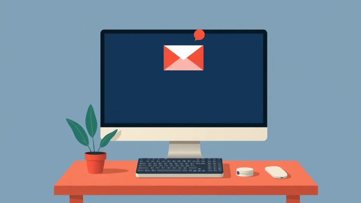 Illustration: A generic desktop computer sits on a wooden desk beside a small potted plant.