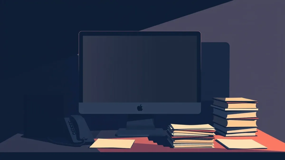 Illustration: A cluttered office desk sits in dim light.