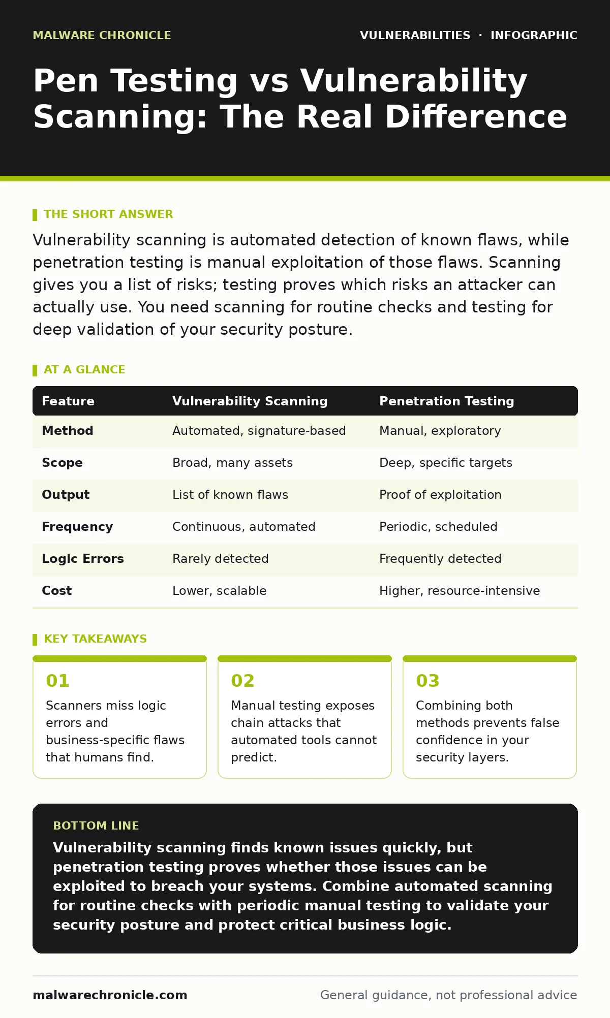 Infographic: Pen Testing vs Vulnerability Scanning: The Real Difference. Scanners miss logic errors and business-specific flaws that humans find. Manual testing exposes chain attacks that automated tools cannot predict. Combining both methods prevents false confidence in your security layers.