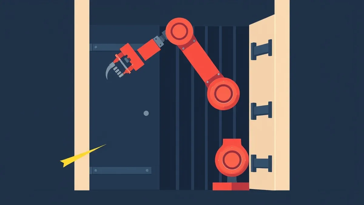 Illustration: A red robotic arm with a mechanical claw carefully lifts a heavy iron door off its hinges, revealing a dark, shadowed interior.