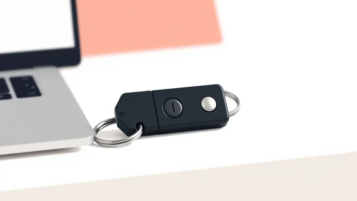 Illustration: A small black USB security key rests on a clean white desk surface next to a blank laptop.