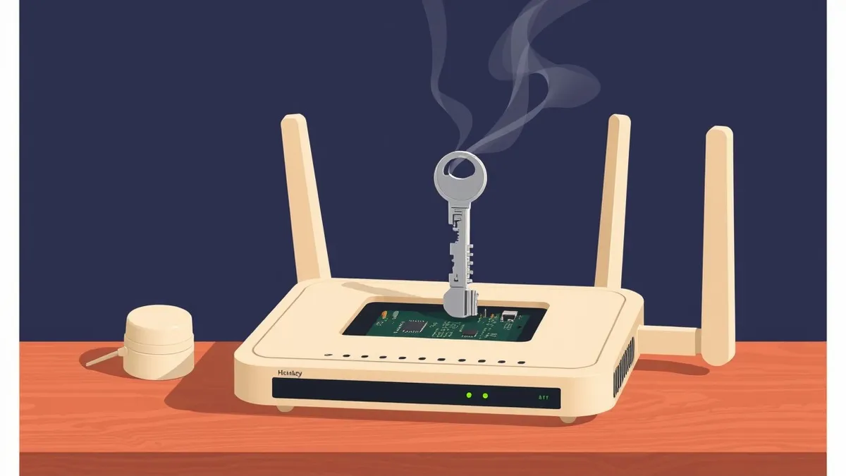 Illustration: A beige home router sits on a wooden desk with its blinking lights off.