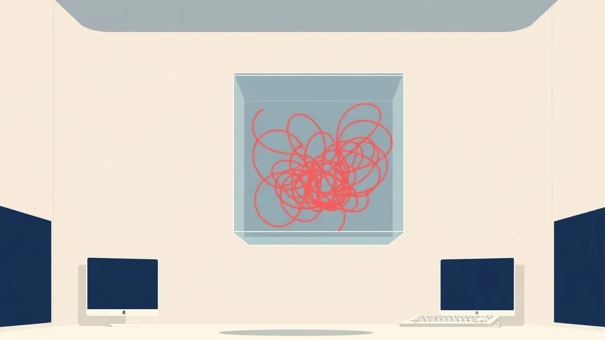 Illustration: A translucent software container floats in a sterile digital space, its glass walls revealing tangled red threads hidden within the base layers.