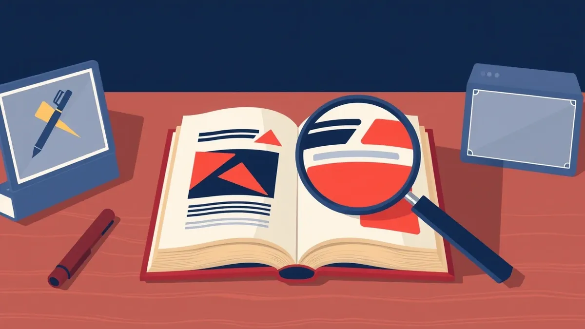 Illustration: An open book lies on a wooden desk, its pages filled with abstract geometric shapes representing phishing tactics.
