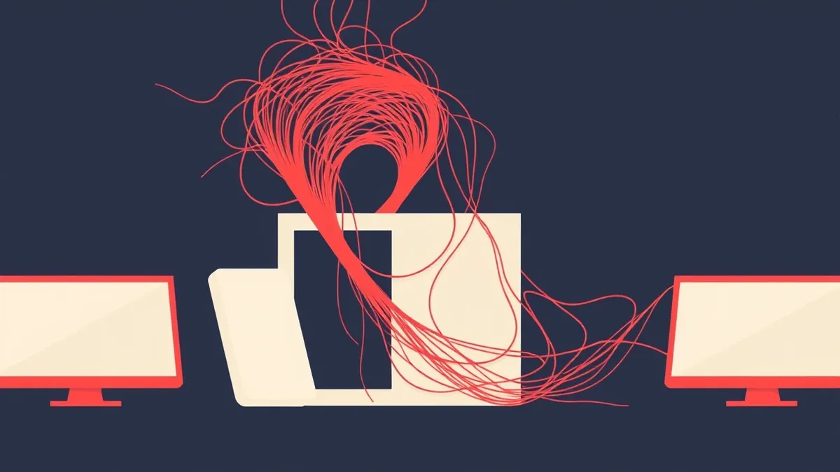 Illustration: A tangled web of chaotic red threads wraps tightly around a clean white box, pulling it toward a dark void.