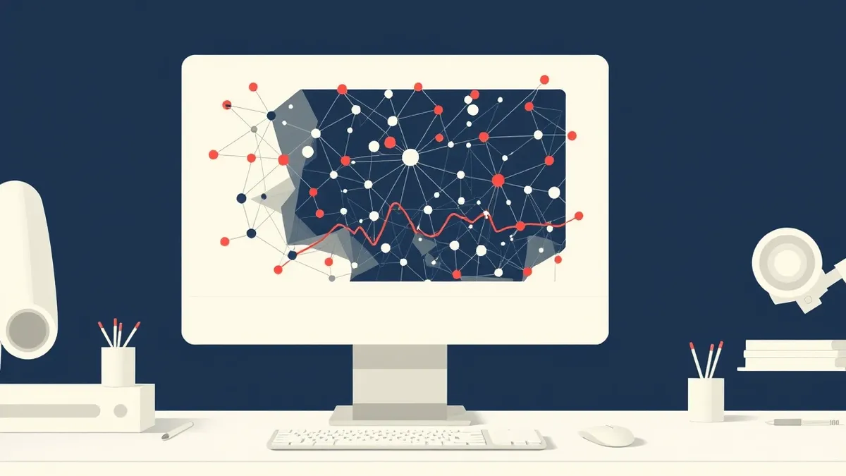 Illustration: A sleek desktop computer sits on a clean white desk, its screen displaying a dense, intricate network of abstract geometric nodes and flowing lines.