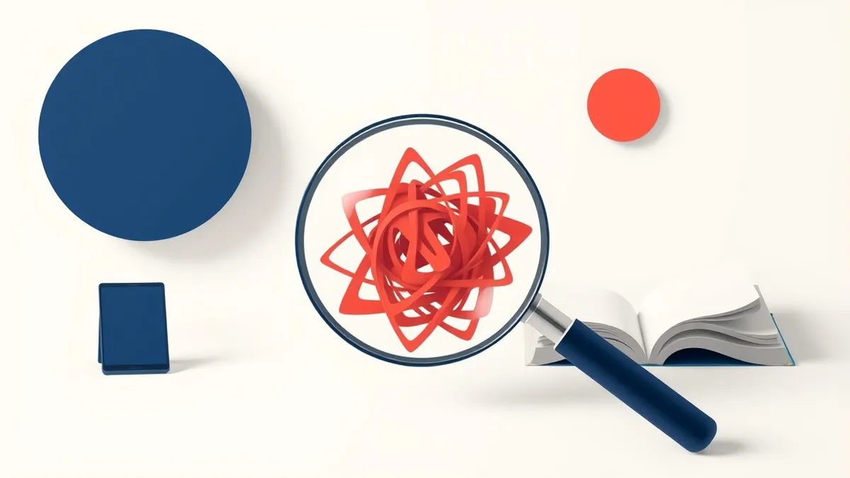 Illustration: A transparent magnifying glass hovers over a tangled knot of abstract red and orange geometric shapes.