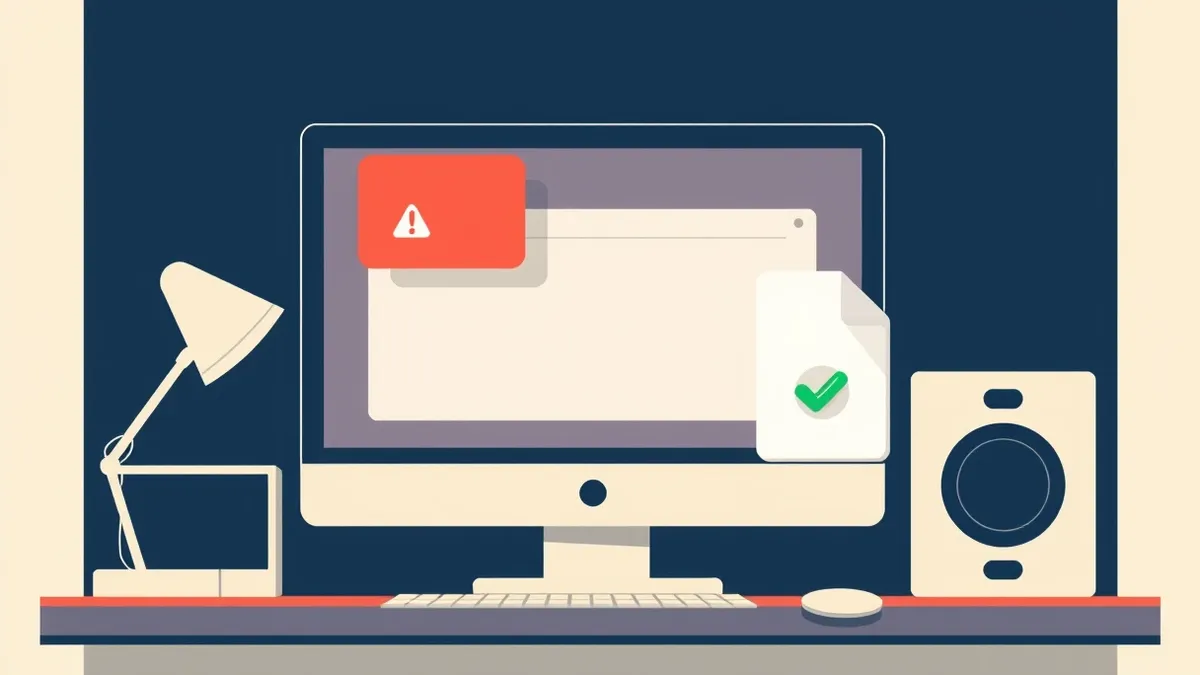 Illustration: A generic server terminal sits on a desk, its screen displaying a blank browser window with a single red warning icon floating above the address bar.