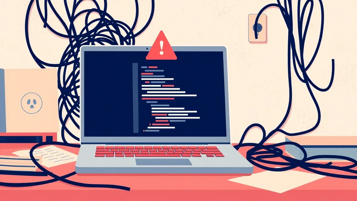 Illustration: A silver laptop sits on a cluttered desk, its screen displaying a blank code editor window with a single red warning triangle icon floating above it.