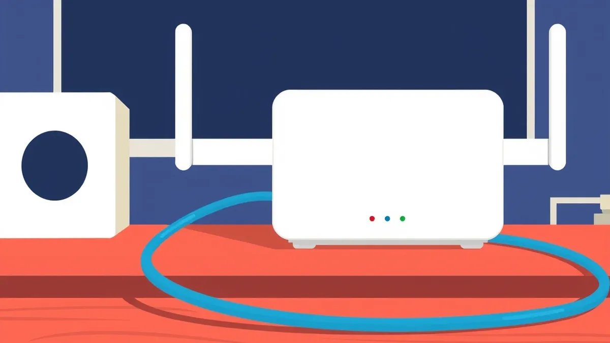 Illustration: A sleek white router sits on a wooden desk, its front panel featuring a single red warning light.