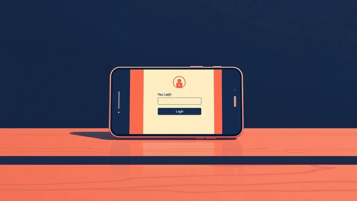 Illustration: A smartphone rests on a wooden table, its screen displaying a realistic-looking login interface framed by a subtle border that mimics a separate application window, w
