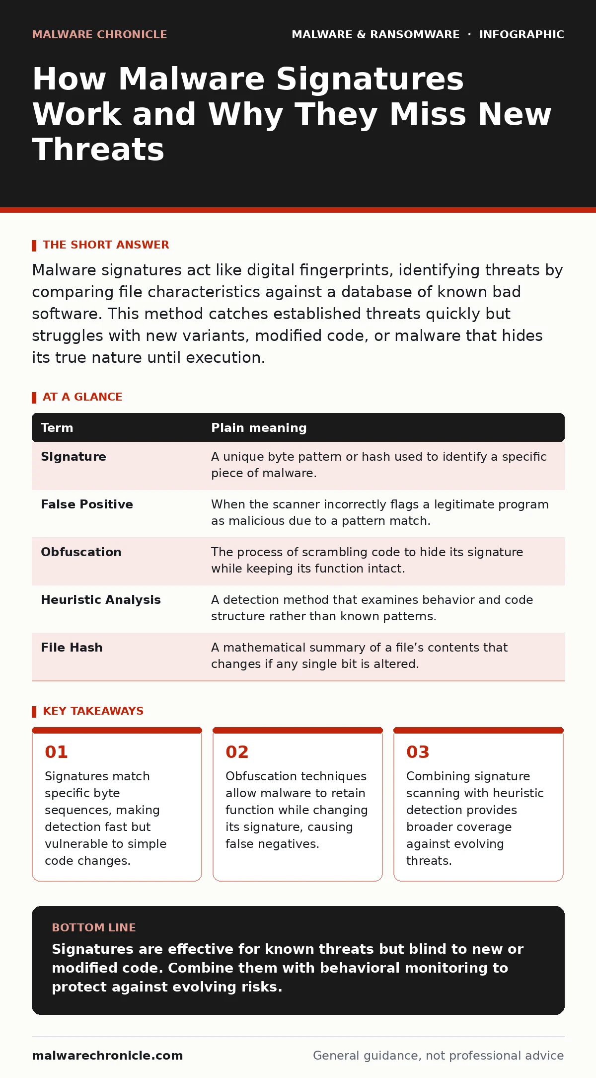 Infographic: How Malware Signatures Work and Why They Miss New Threats. Signatures match specific byte sequences, making detection fast but vulnerable to simple code changes. Obfuscation techniques allow malware to retain function while changing its signature, causing false negatives. Combining sign