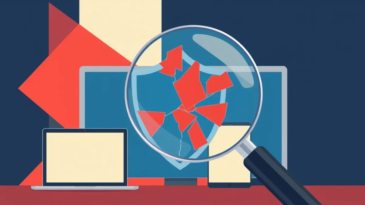 Illustration: A magnifying glass hovers over a cracked digital shield, revealing jagged red fragments that do not match the smooth blue template beneath.