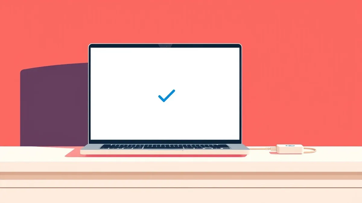 Illustration: An open laptop sits on a clean white desk, its screen displaying a single, subtle blue checkmark icon against a blank white background.