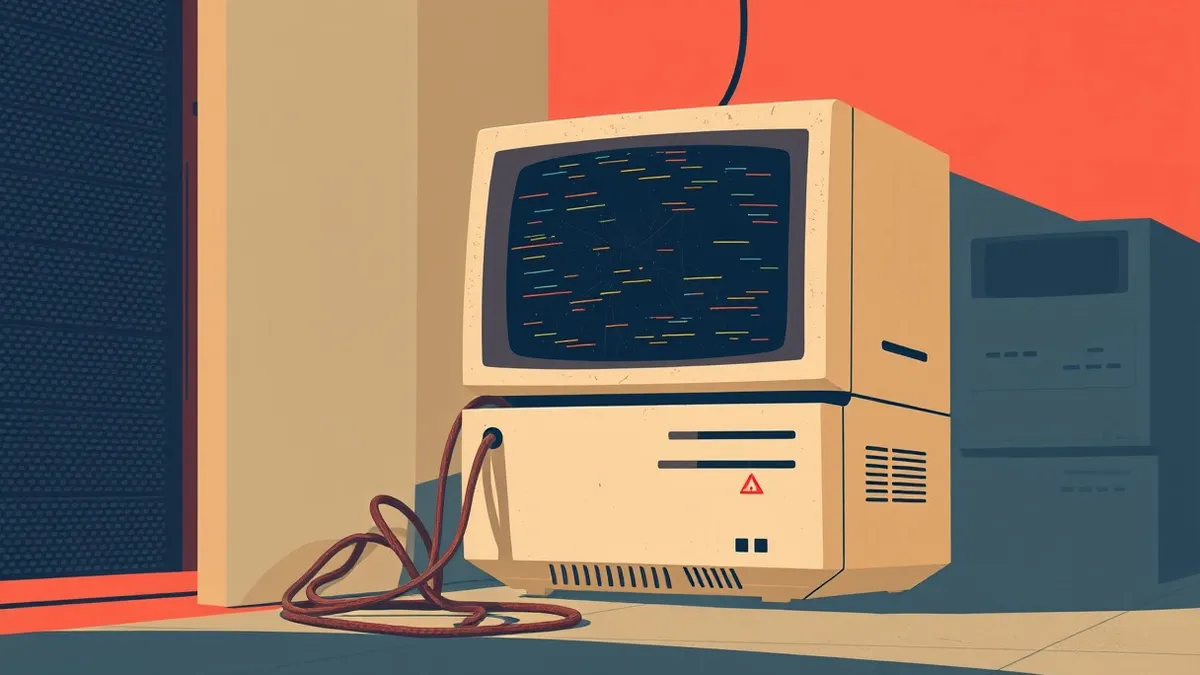 Illustration: A dusty, beige computer terminal sits in a dimly lit server room corner.