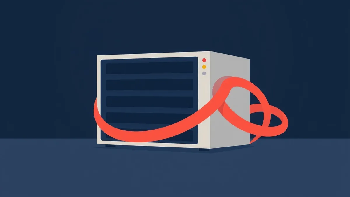 Illustration: A sleek white server blade sits isolated on a dark surface, its status light blinking amber in warning.