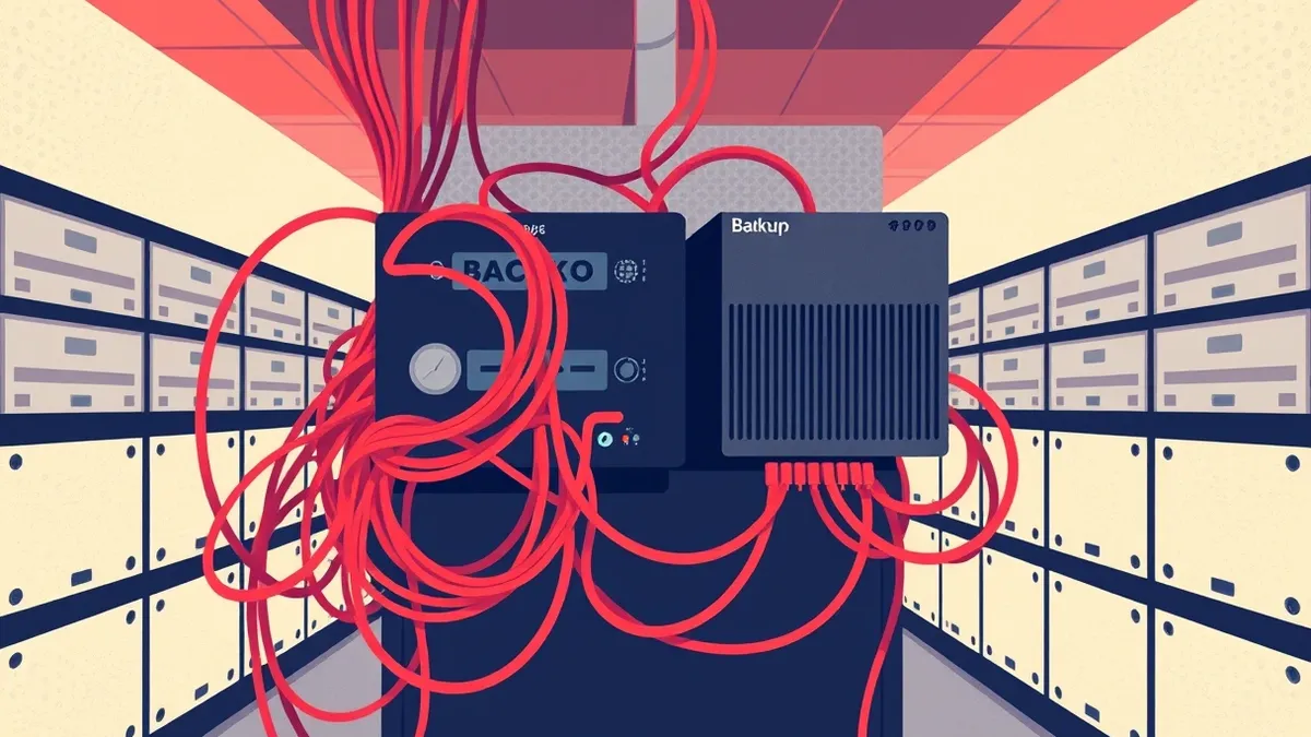 Illustration: A tangled nest of red cables snakes from a black backup appliance to a gray firewall unit on a metal rack.