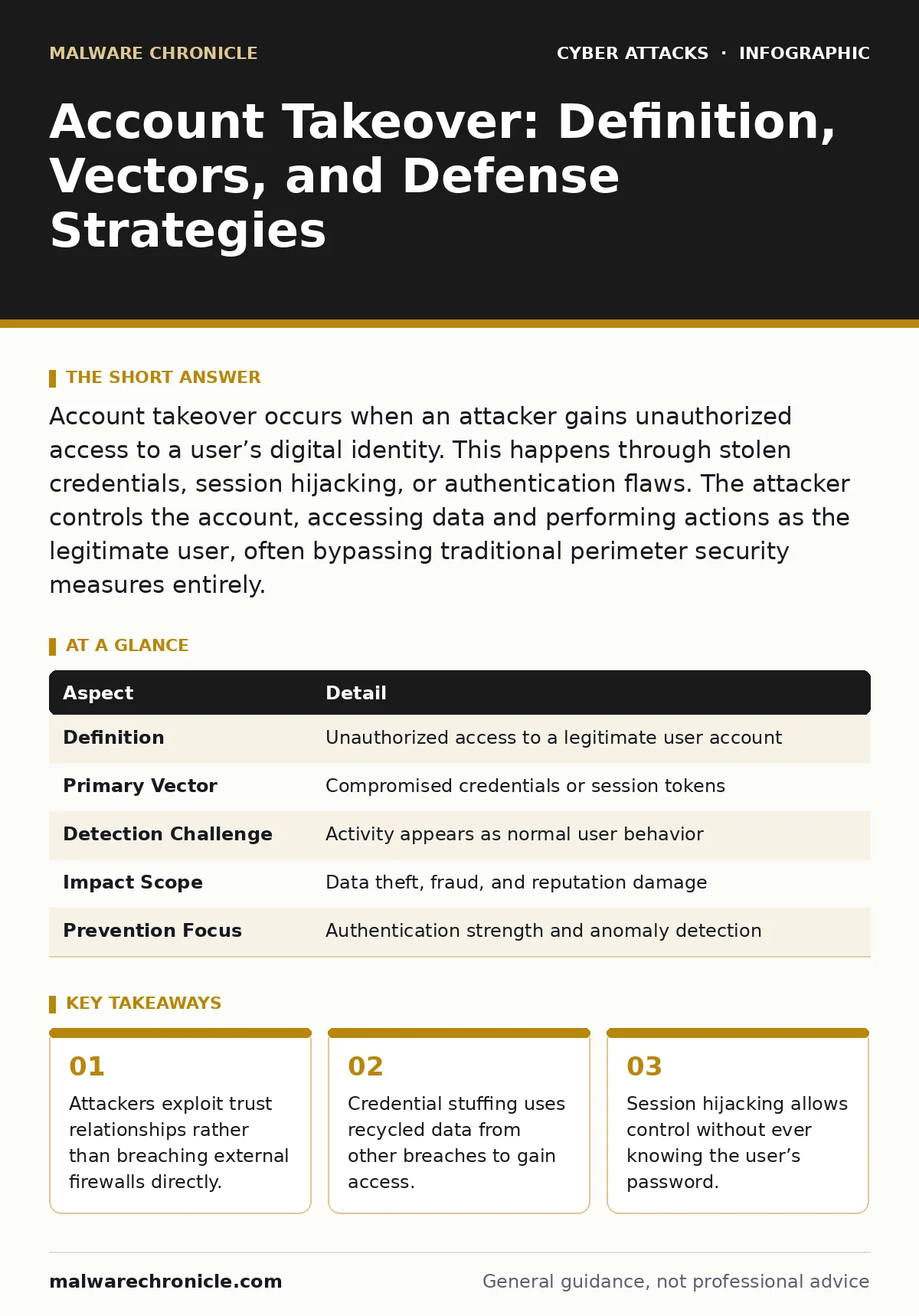 Infographic: Account Takeover: Definition, Vectors, and Defense Strategies. Attackers exploit trust relationships rather than breaching external firewalls directly. Credential stuffing uses recycled data from other breaches to gain access. Session hijacking allows control without ever knowing the us