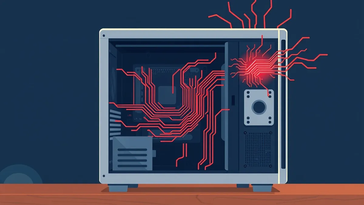 Illustration: A sleek silver computer tower sits on a wooden desk with its side panel removed.