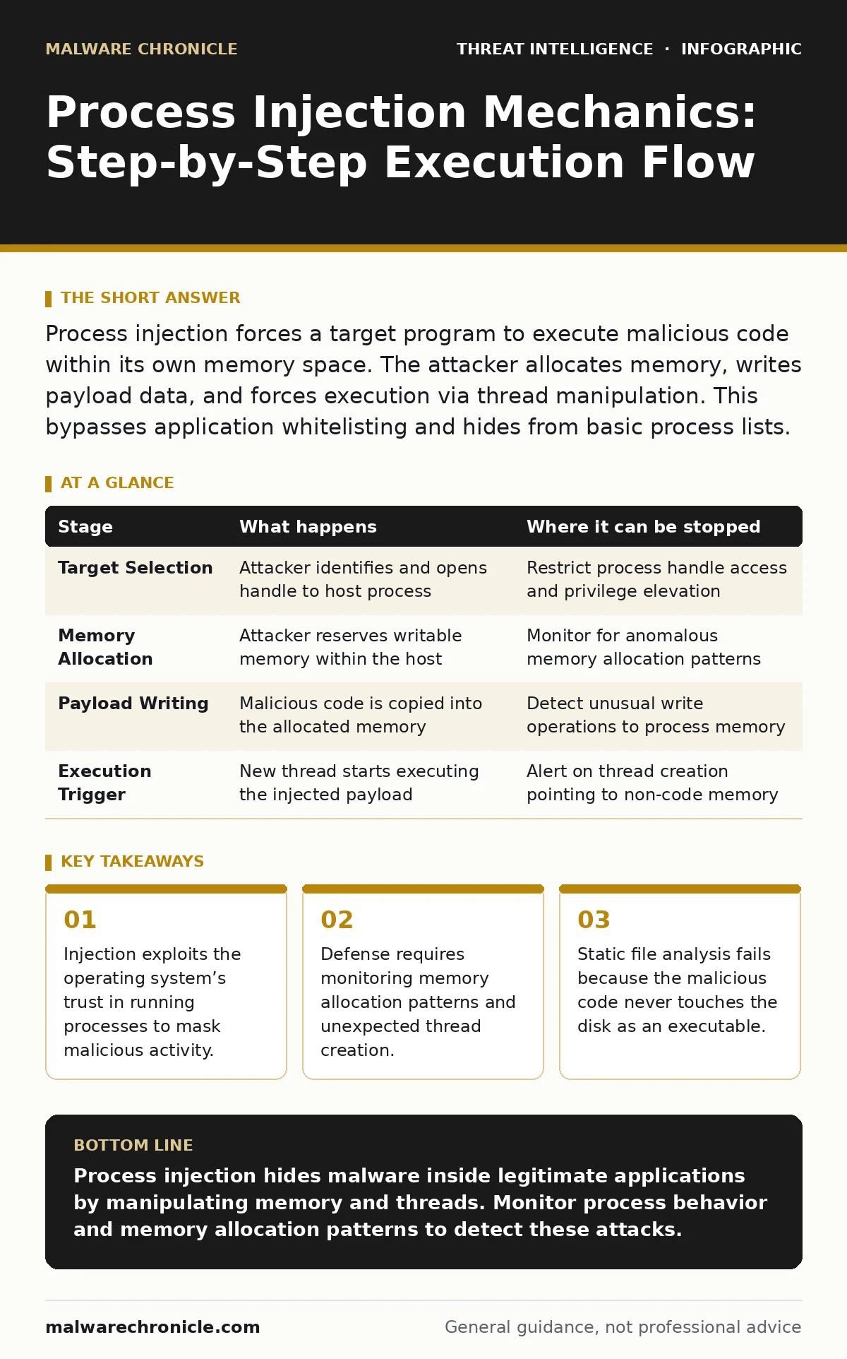 Infographic: Process Injection Mechanics: Step-by-Step Execution Flow. Injection exploits the operating system’s trust in running processes to mask malicious activity. Defense requires monitoring memory allocation patterns and unexpected thread creation. Static file analysis fails because the malici