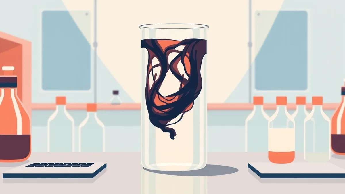 Illustration: A transparent glass beaker sits on a sterile laboratory table.