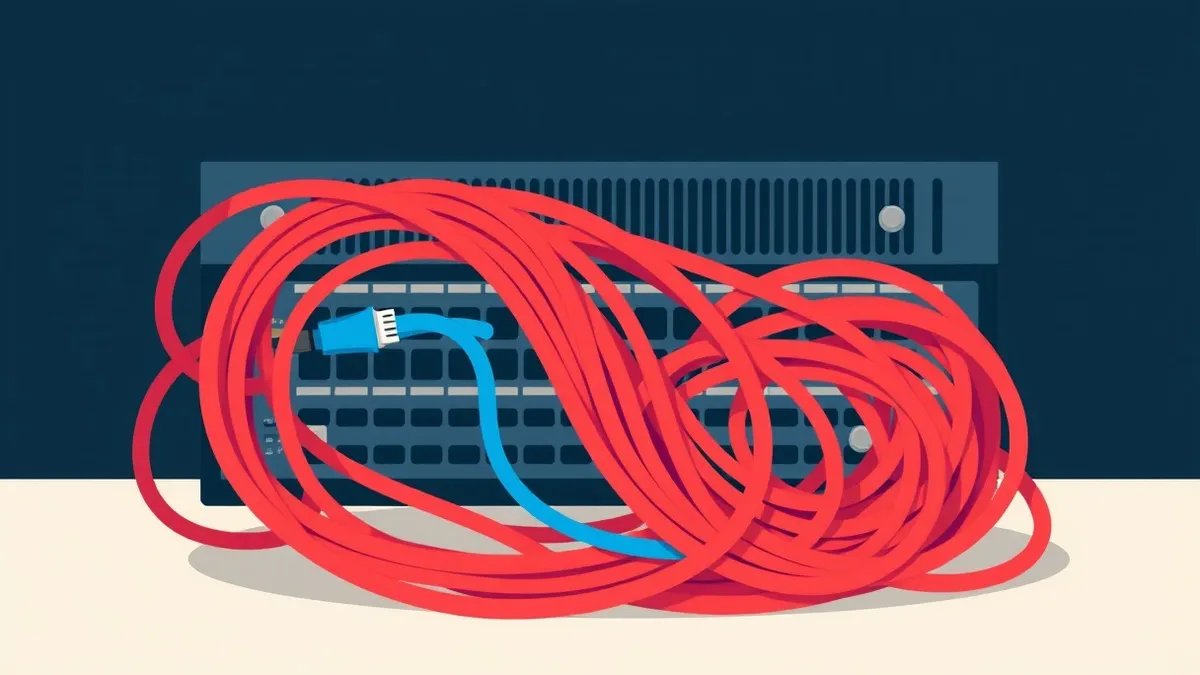 Illustration: A tangled mass of thick red cables wraps tightly around a generic network switch, choking its ports and blocking data flow.