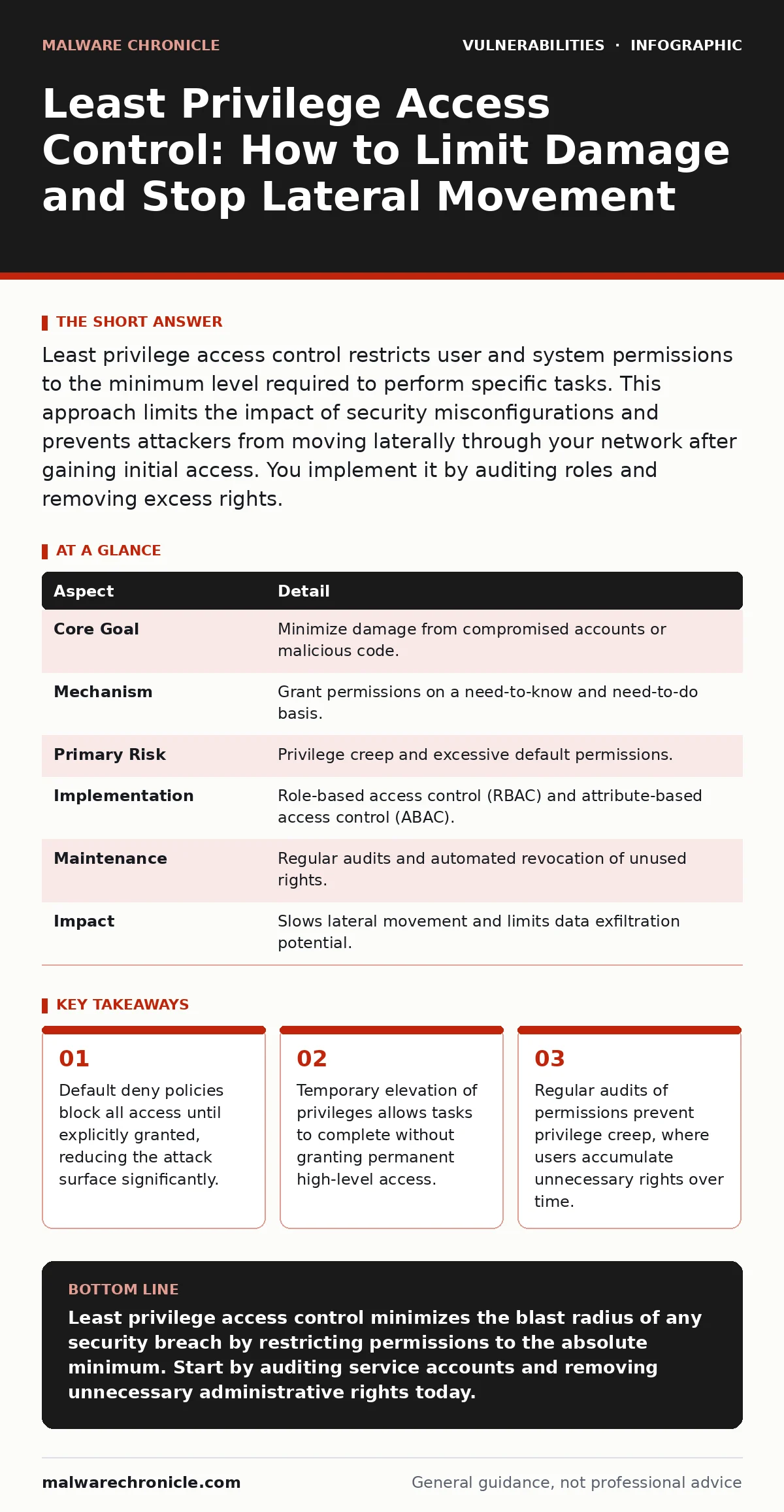 Infographic: Least Privilege Access Control: How to Limit Damage and Stop Lateral Movement. Default deny policies block all access until explicitly granted, reducing the attack surface significantly. Temporary elevation of privileges allows tasks to complete without granting permanent high-level acc