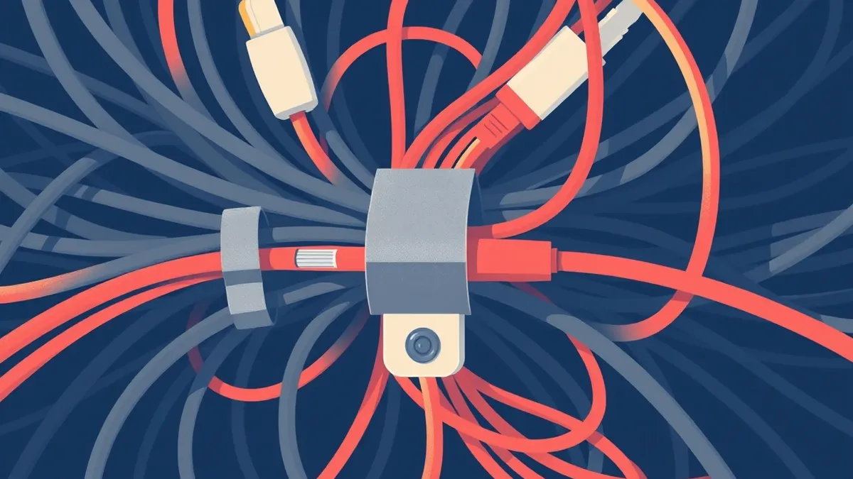Illustration: A tight silver clamp secures a single copper wire, isolating it from a dense tangle of other cables.