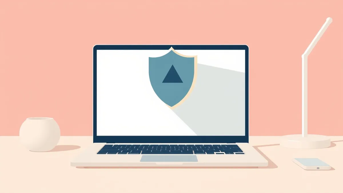 Illustration: A sleek silver laptop sits on a clean desk with its screen displaying a large translucent shield hovering over a blank application window.