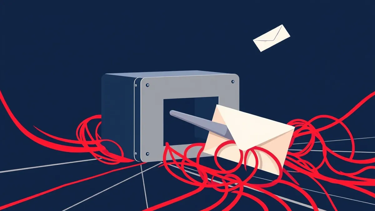 Illustration: A sleek metal gateway device sits at the edge of a network, with tangled red cables representing malicious traffic being severed by a sharp blade before they can ente
