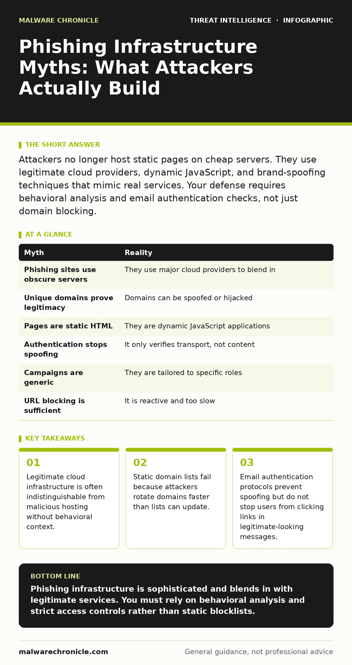 Infographic: Phishing Infrastructure Myths: What Attackers Actually Build. Legitimate cloud infrastructure is often indistinguishable from malicious hosting without behavioral context. Static domain lists fail because attackers rotate domains faster than lists can update. Email authentication protoc