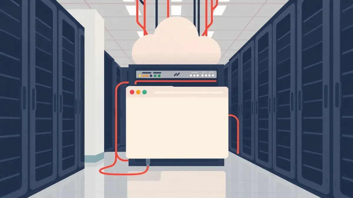 Illustration: A cloud server rack sits in a clean data center, its status lights blinking steadily.