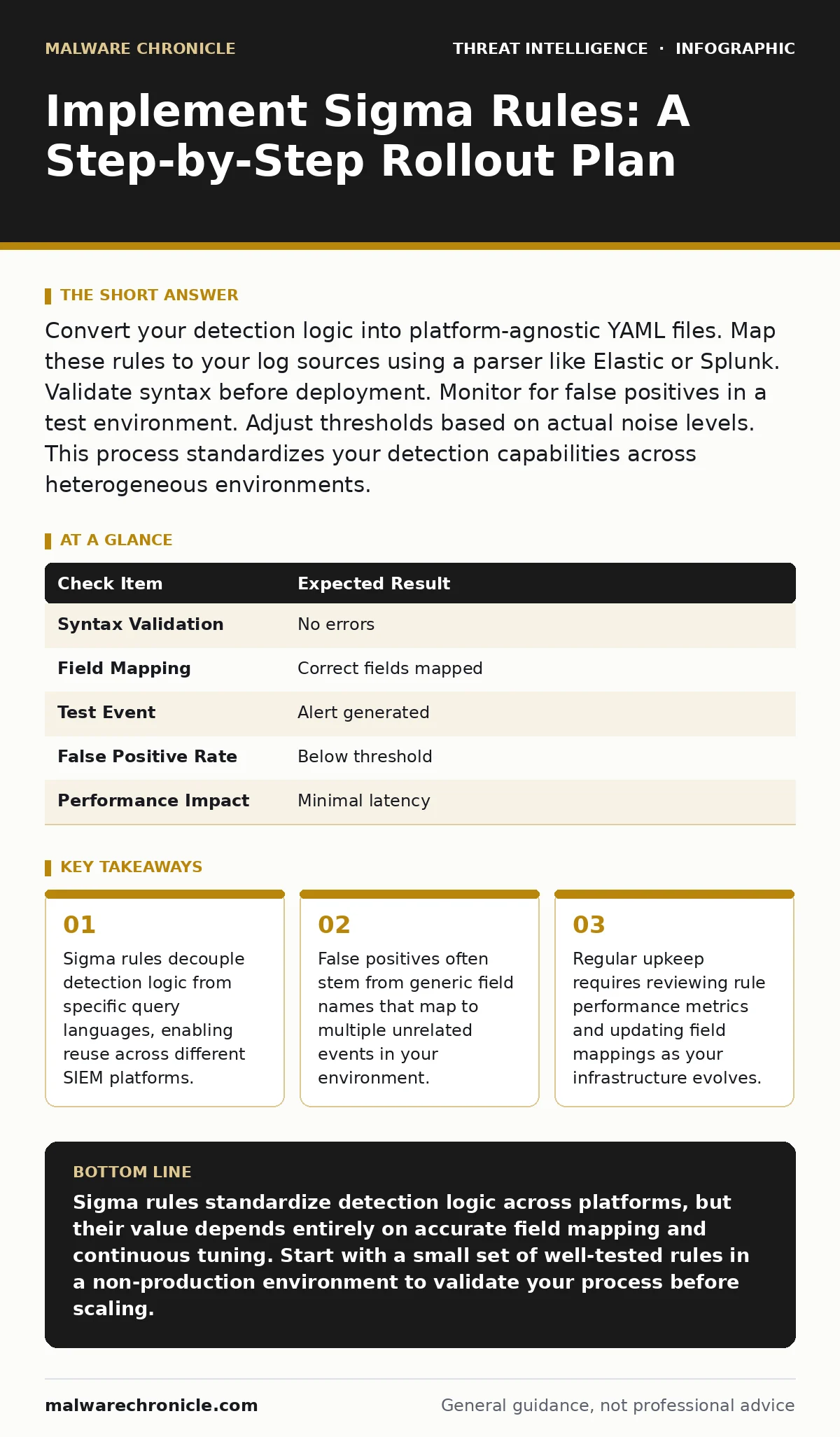 Infographic: Implement Sigma Rules: A Step-by-Step Rollout Plan. Sigma rules decouple detection logic from specific query languages, enabling reuse across different SIEM platforms. False positives often stem from generic field names that map to multiple unrelated events in your environment. Regular