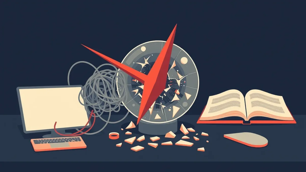 Illustration: A tangled knot of tangled grey wires sits on a dark desk, transforming into a jagged red spike that pierces through a fragile glass sphere.