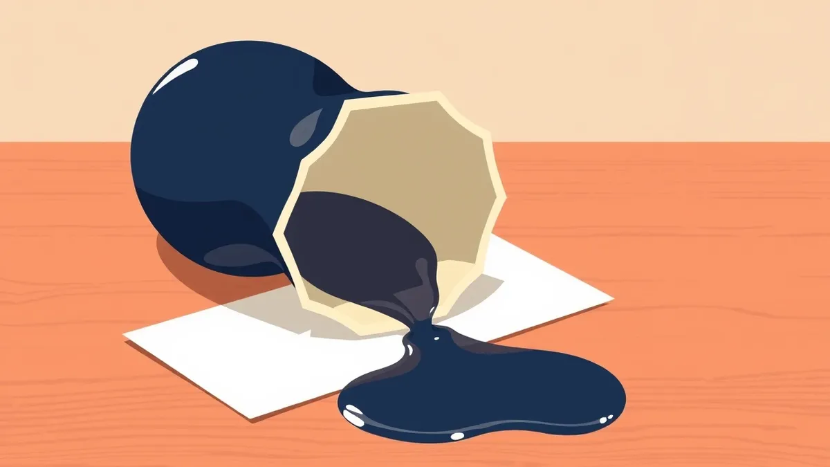 Illustration: A cracked ceramic vase sits on a wooden table, spilling dark water across white paper.