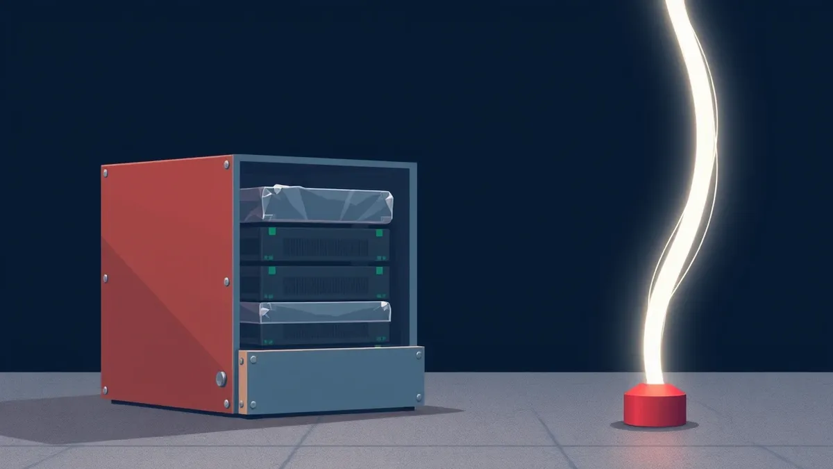 Illustration: A sealed steel safety box sits on a concrete floor, containing stacked hard drives wrapped in thick, opaque plastic sheeting.