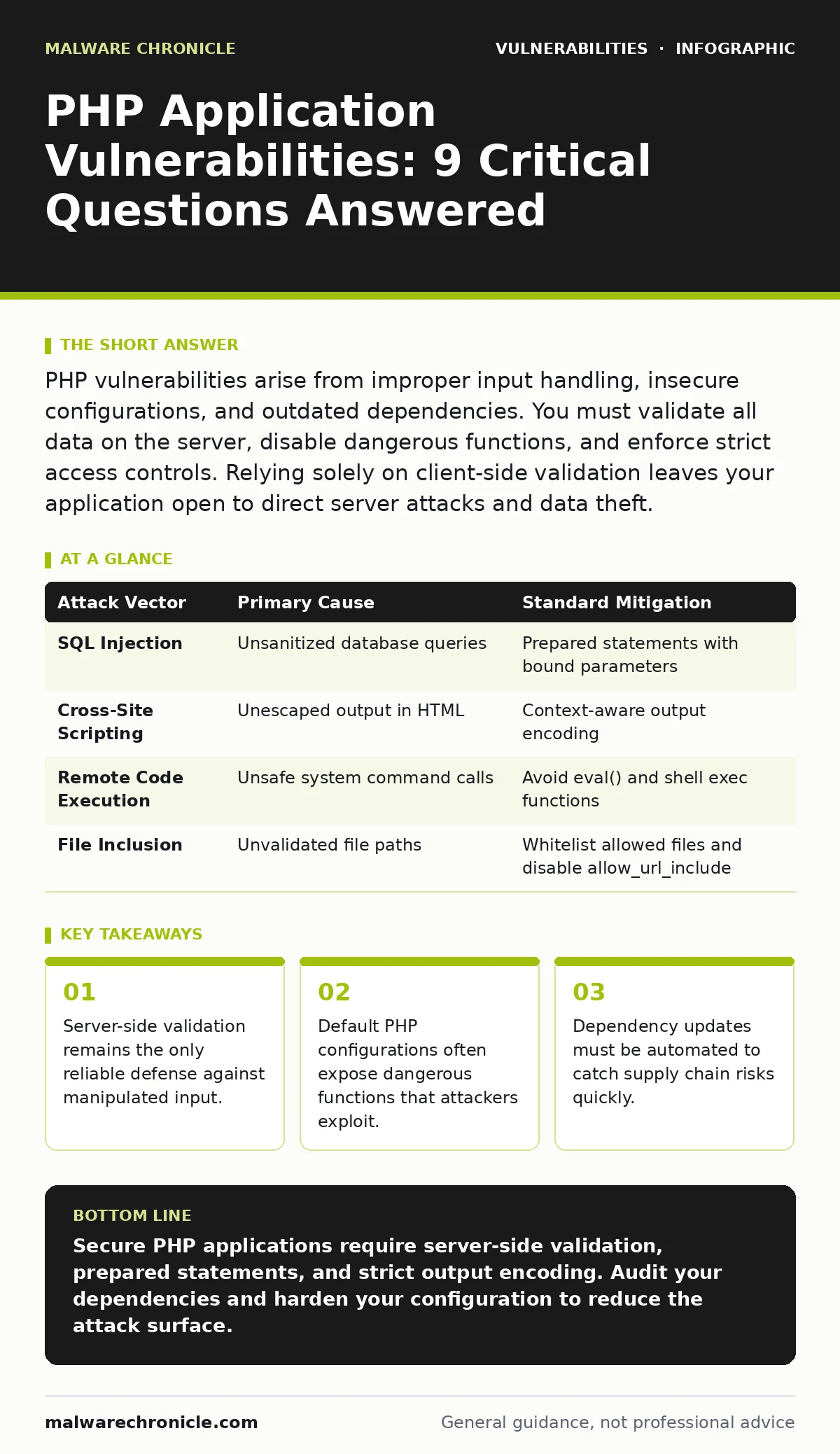 Infographic: PHP Application Vulnerabilities: 9 Critical Questions Answered. Server-side validation remains the only reliable defense against manipulated input. Default PHP configurations often expose dangerous functions that attackers exploit. Dependency updates must be automated to catch supply ch