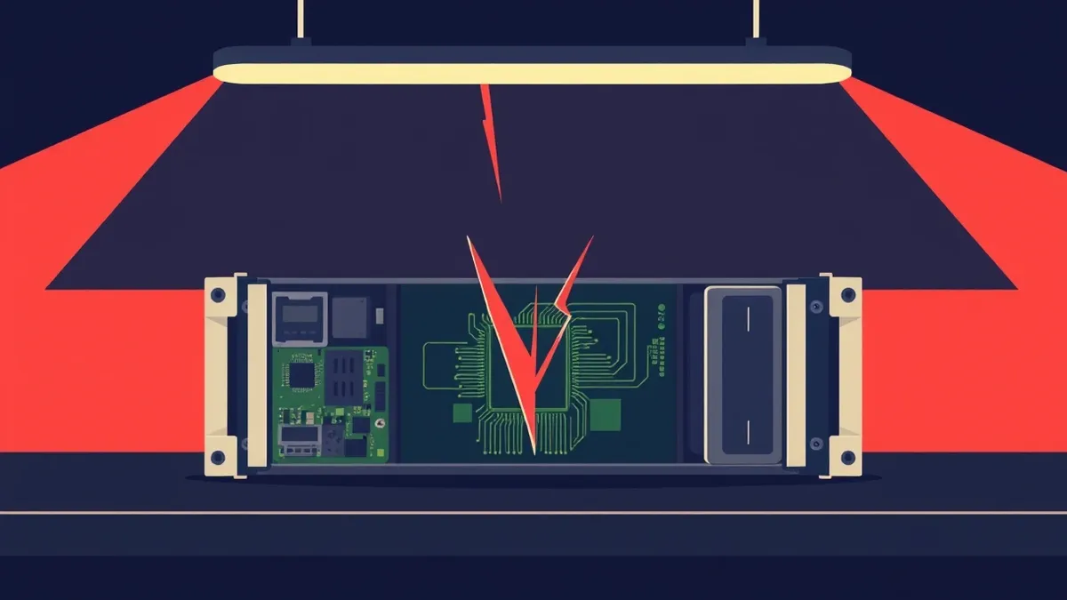 Illustration: A cracked server blade sits open on a dark table, its internal circuitry exposed to harsh overhead light.