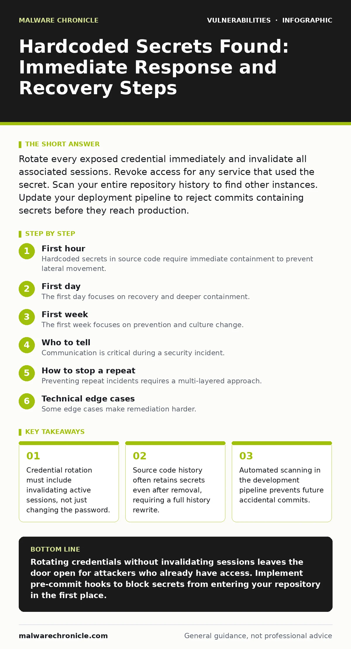 Infographic: Hardcoded Secrets Found: Immediate Response and Recovery Steps. Credential rotation must include invalidating active sessions, not just changing the password. Source code history often retains secrets even after removal, requiring a full history rewrite. Automated scanning in the develo
