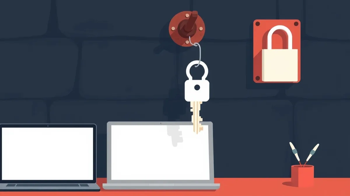 Illustration: A white key dangles loosely from a rusted iron hook against a dark stone wall, symbolizing a compromised credential that remains dangerous even after the lock has bee
