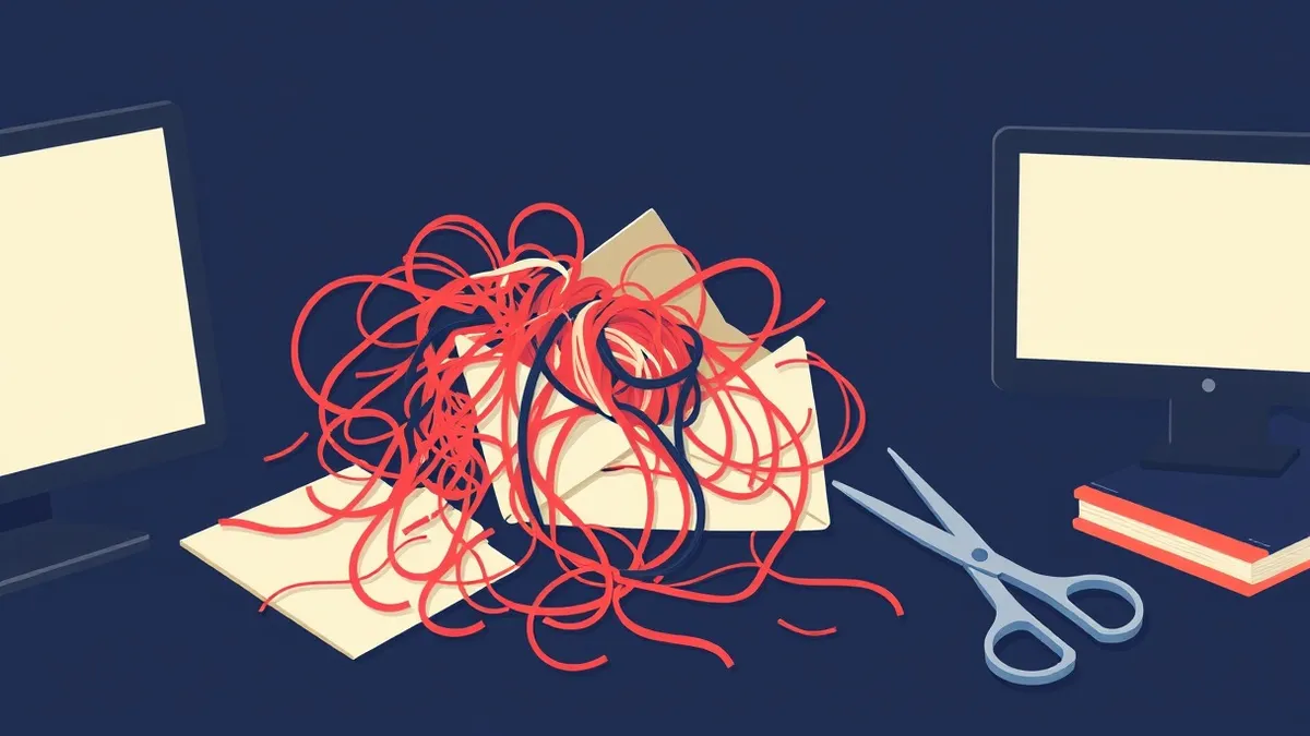 Illustration: A tangled knot of colored threads spills from a broken envelope onto a desk.