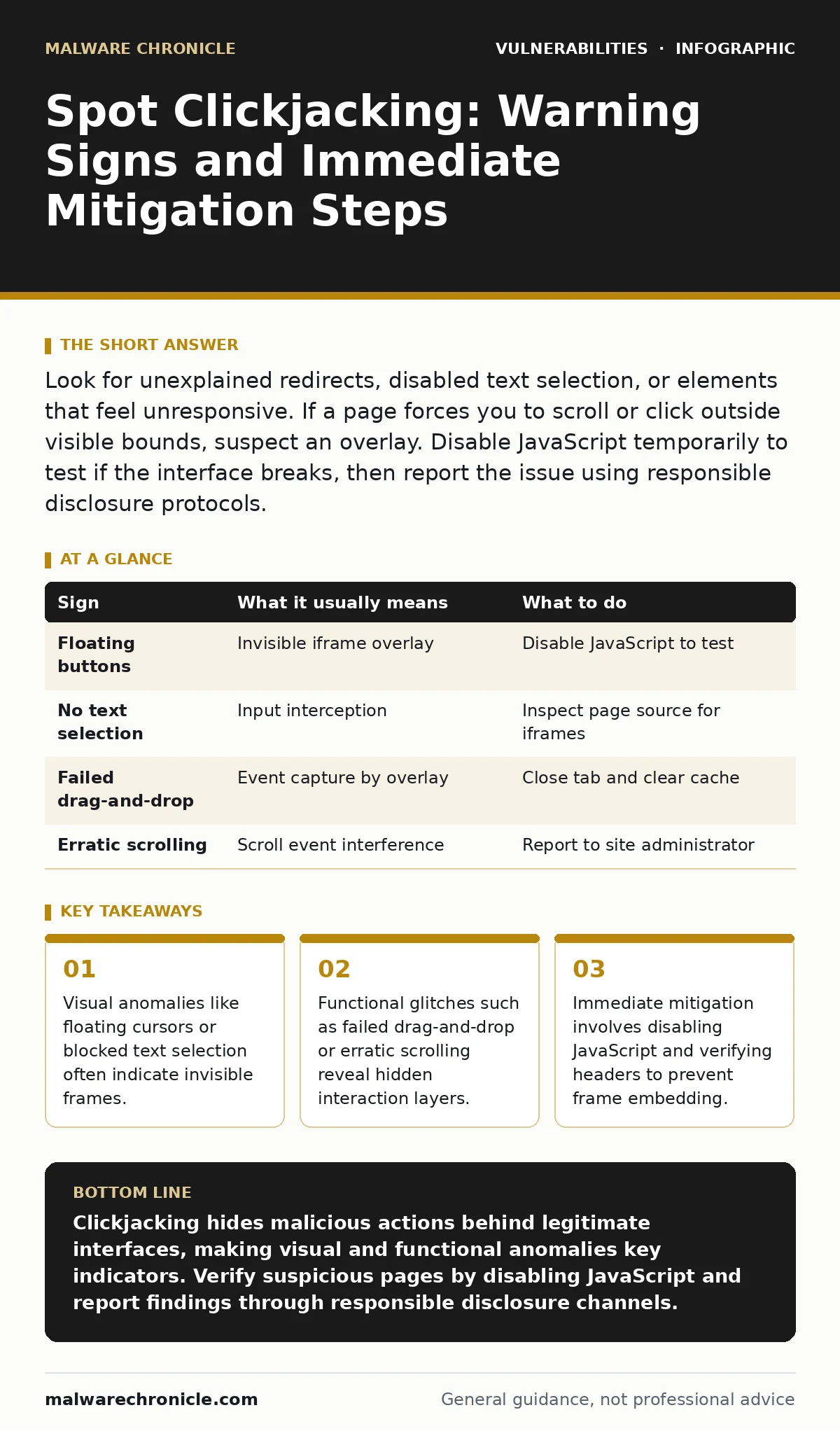 Infographic: Spot Clickjacking: Warning Signs and Immediate Mitigation Steps. Visual anomalies like floating cursors or blocked text selection often indicate invisible frames. Functional glitches such as failed drag-and-drop or erratic scrolling reveal hidden interaction layers. Immediate mitigation