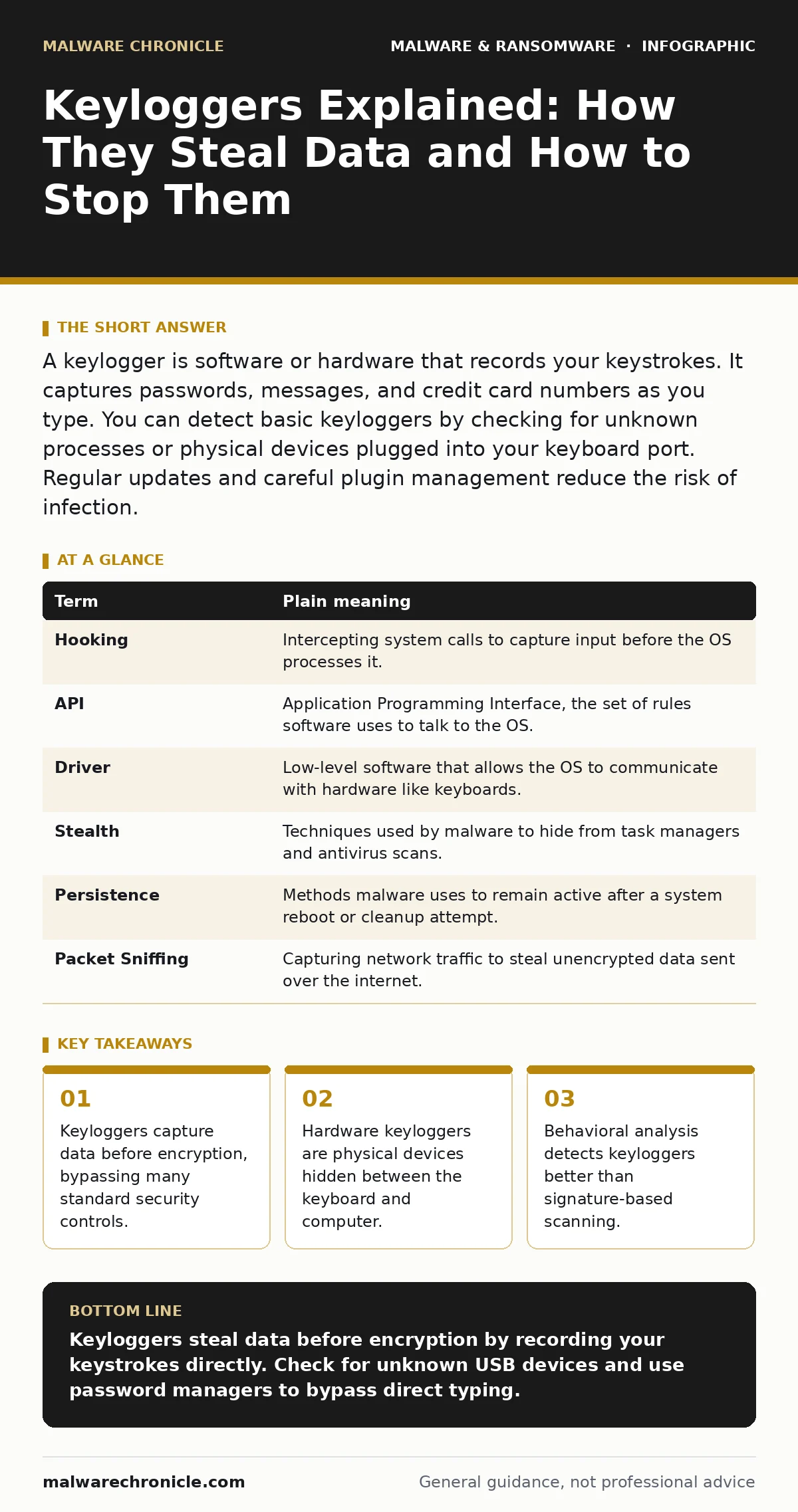 Infographic: Keyloggers Explained: How They Steal Data and How to Stop Them. Keyloggers capture data before encryption, bypassing many standard security controls. Hardware keyloggers are physical devices hidden between the keyboard and computer. Behavioral analysis detects keyloggers better than sig