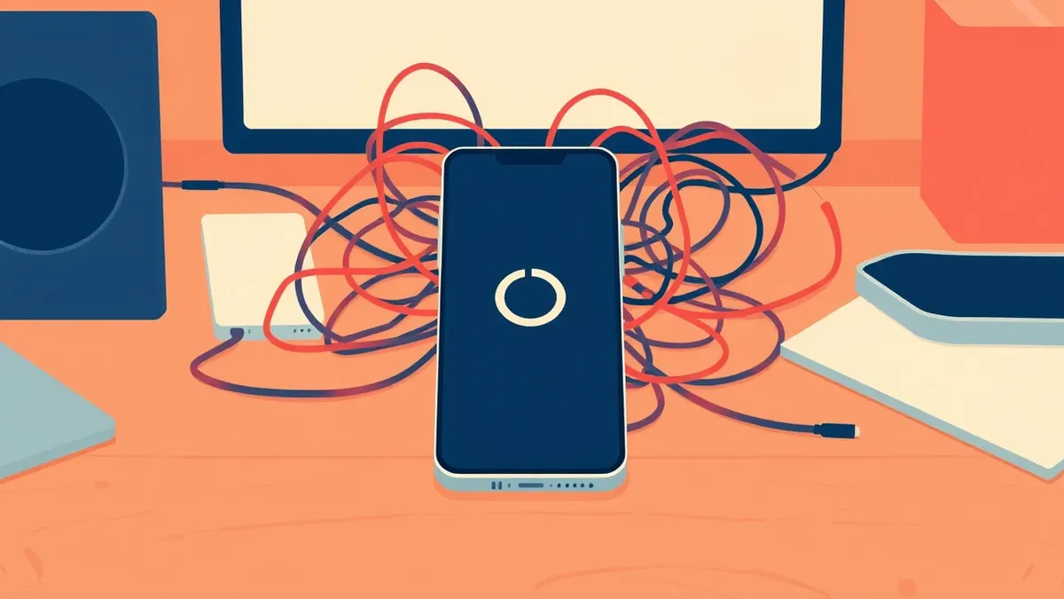 Illustration: A solitary smartphone rests on a wooden desk, its screen glowing with a simple circular loading icon.