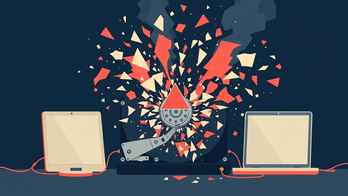 Illustration: A chaotic tangle of shredded digital fragments explodes from a cracked hard drive platter.