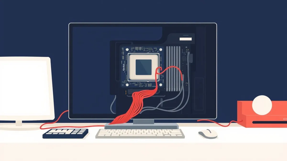 Illustration: A sleek black desktop computer sits on a clean white desk.